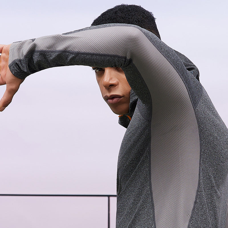 Men's fleece sports sweater autumn and winter hooded semi-zipper gym wear outdoor casual tights windproof sportswear