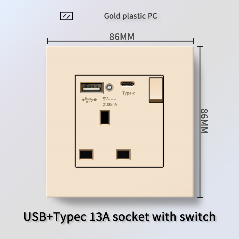 Foreign trade Hong Kong and Macao British 13A socket USB with Type-c plug + British standard electrical switch PC flame retardant panel plug