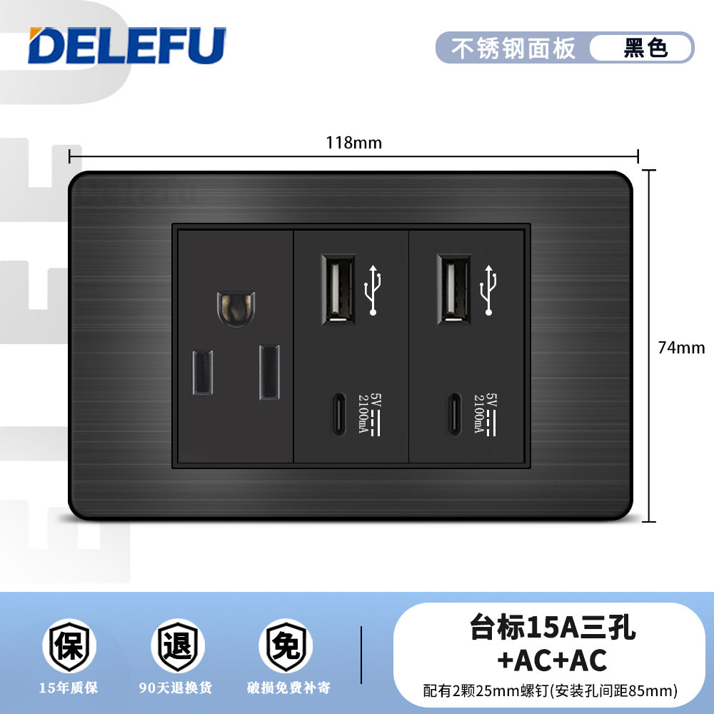 One piece of hair generation black plug stainless steel American standard type-C fast charging socket table standard switch usb into the wall type