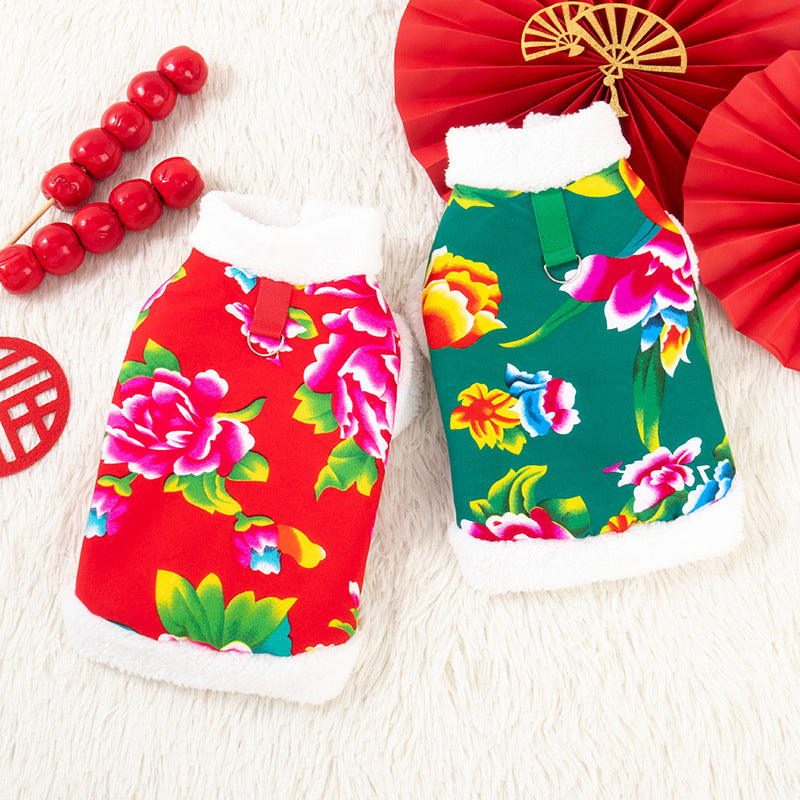 Cat Tang suit dog clothes Northeast big flower jacket Teddy Bi Xiong Pomeranian Corgi puppy New Year's festive clothing