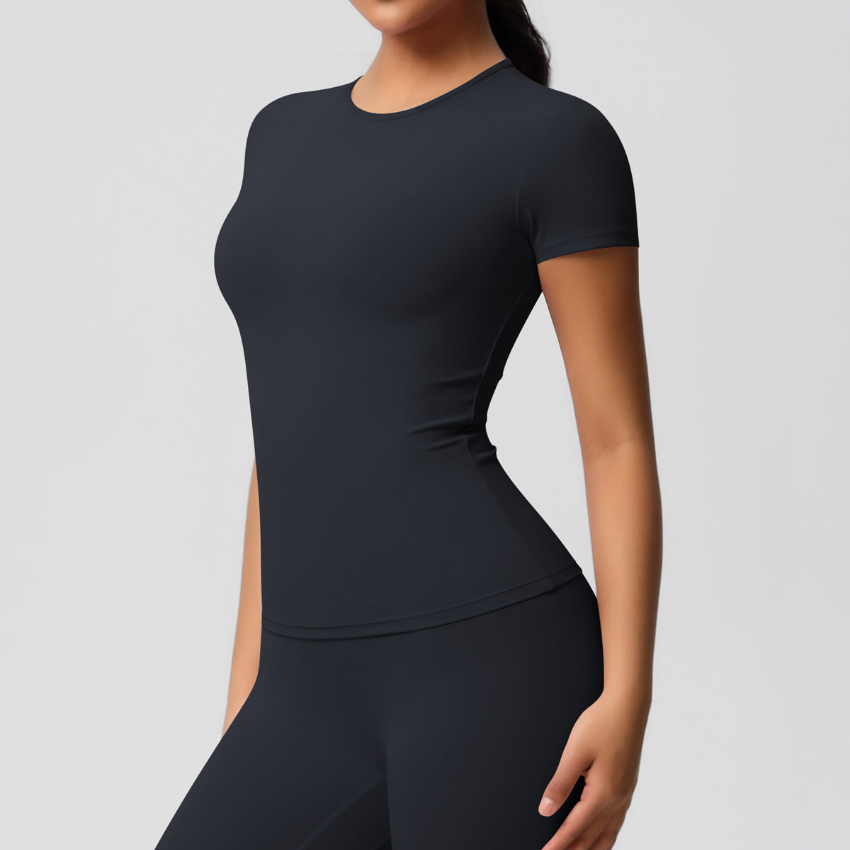 Cross-border European and American yoga pants solid color long-sleeved skin-friendly and breathable back sports short-sleeved slim and thin fitness pants set