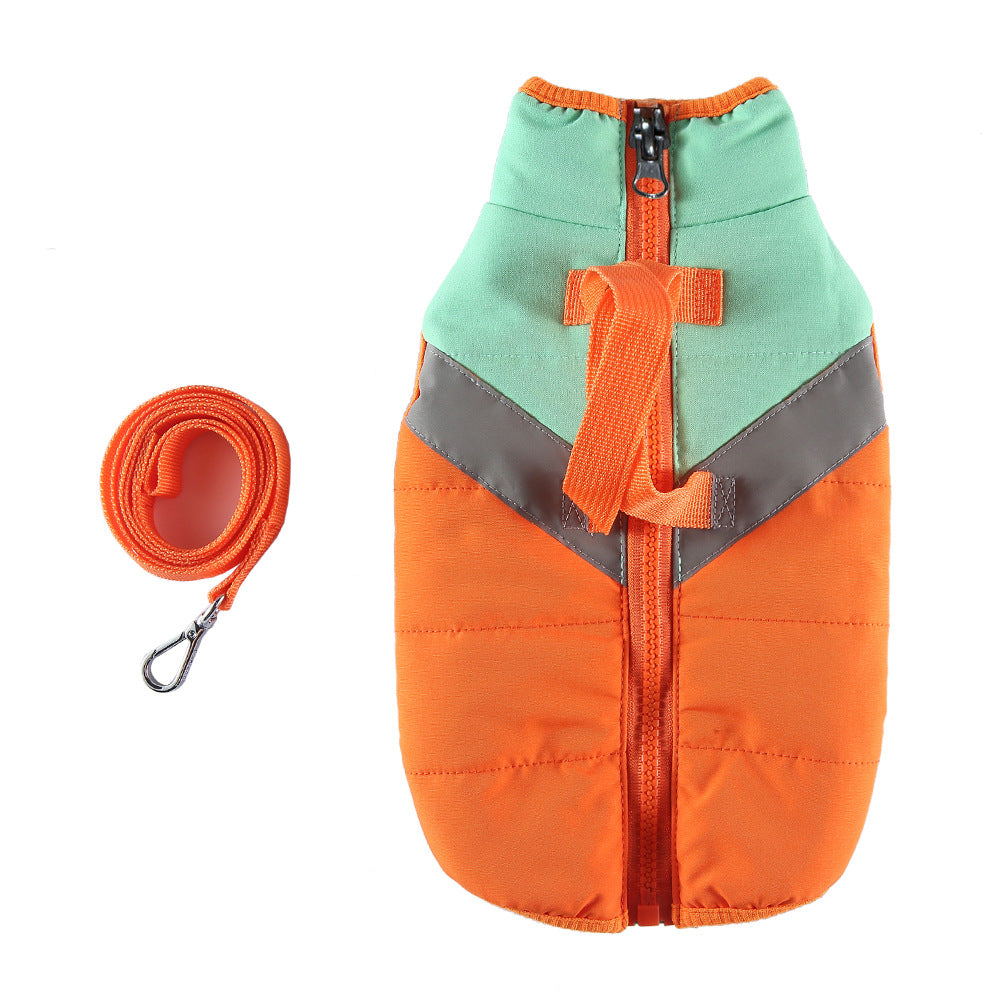 Cross-border popular pet autumn and winter clothes windproof and cold-proof puppy jacket integrated chest and back can pull dog cotton-padded clothes
