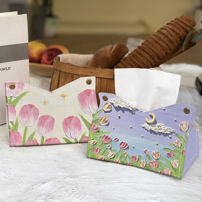 Pumping carton ins high value tulip oil painting tissue box car living room desktop paper pumping storage home decoration