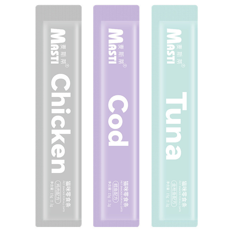 Manufacturer wholesale cat strips pet snacks 15g/piece, liquid wet food tuna chicken canned hair gills, cat snacks