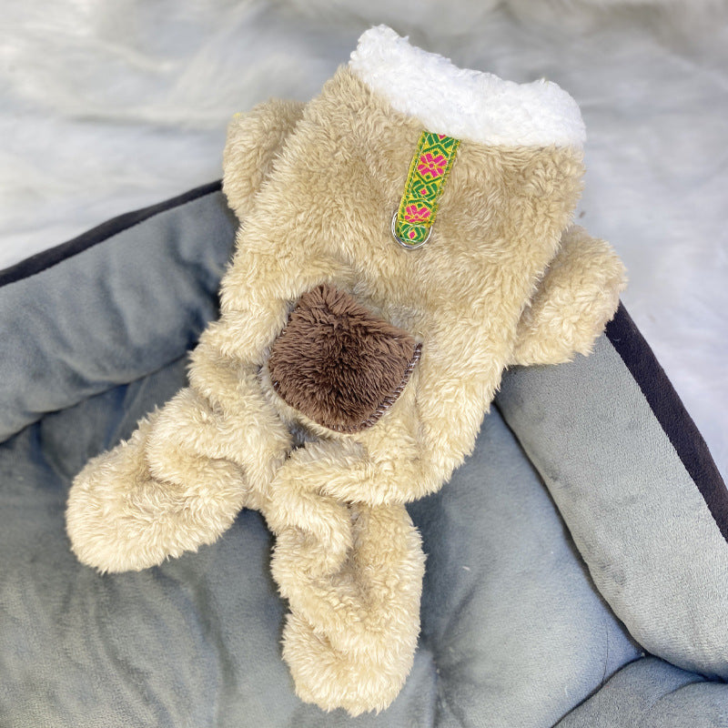 Ultra small dog cat clothes autumn and winter plush four-legged small size puppy teacup dog belt traction thickened warm