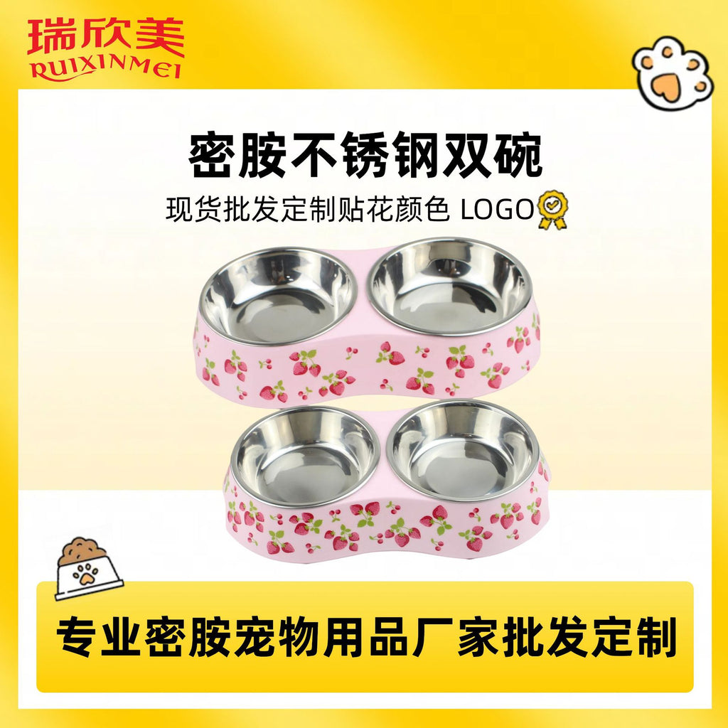 Spot wholesale pet melamine double bowl stainless steel food grade material cat dog pet drinking water feeding pet bowl