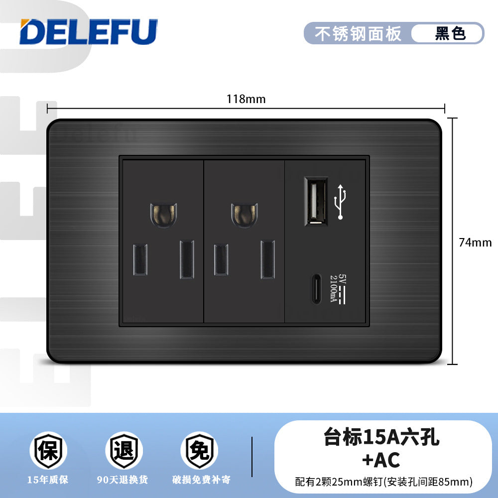 One piece of hair generation black plug stainless steel American standard type-C fast charging socket table standard switch usb into the wall type