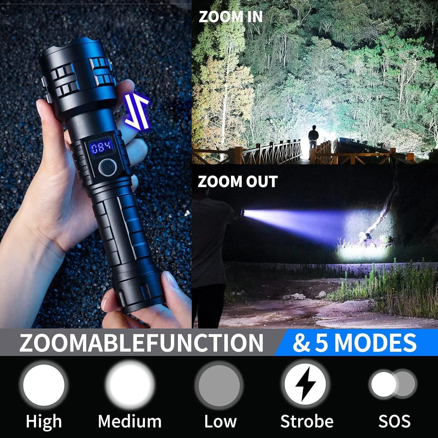 Amazon explosion self-defense led strong light flashlight type-c charging home outdoor special digital flashlight