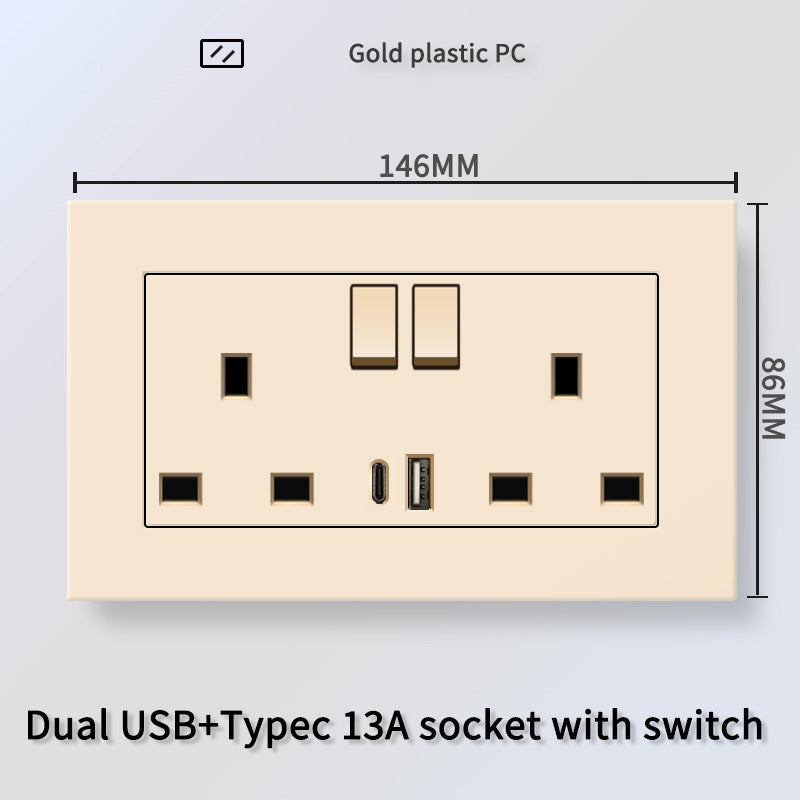 Foreign trade Hong Kong and Macao British 13A socket USB with Type-c plug + British standard electrical switch PC flame retardant panel plug