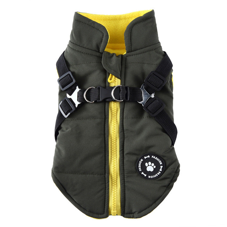 Cross-border popular pet autumn and winter clothes windproof and cold-proof puppy jacket integrated chest and back can pull dog cotton-padded clothes