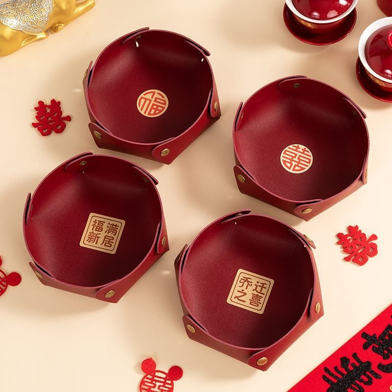 Large-capacity high-end sugar box fruit plate leather desktop storage box foldable wedding housewarming home daily dried fruit plate