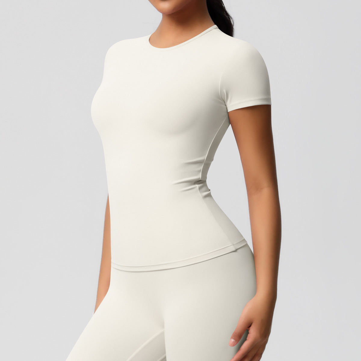 Cross-border European and American yoga pants solid color long-sleeved skin-friendly and breathable back sports short-sleeved slim and thin fitness pants set