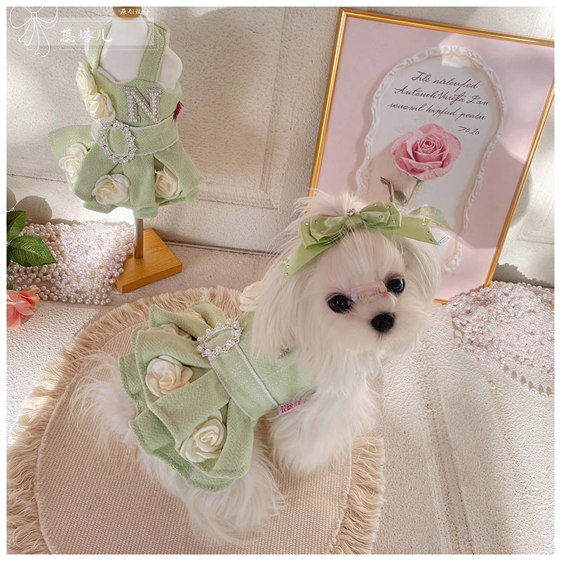 Maltese Yorkshire woolen dress small dog plush princess dress autumn and winter matcha green dress canopy skirt