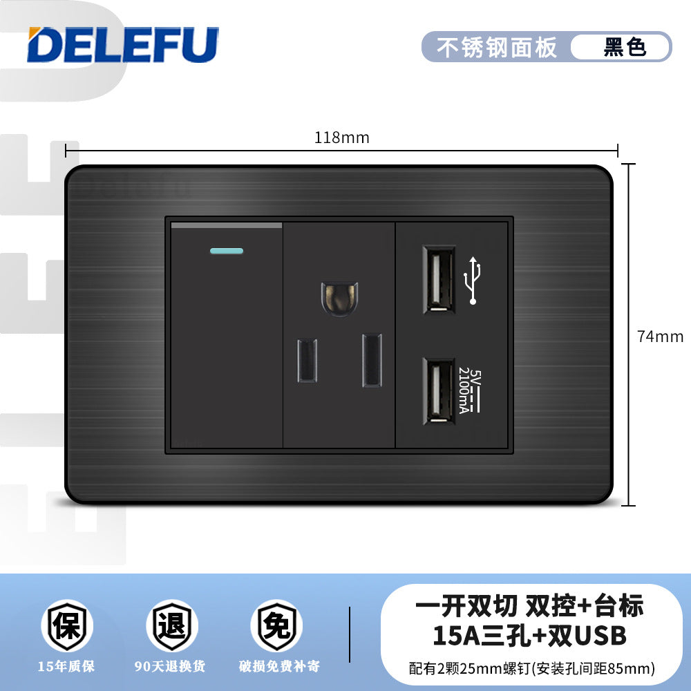 One piece of hair generation black plug stainless steel American standard type-C fast charging socket table standard switch usb into the wall type
