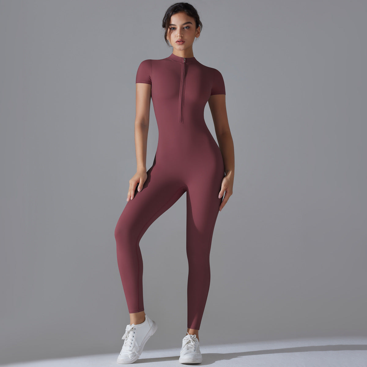 European and American nude zipper short-sleeved yoga clothes onesie quick-drying breathable outdoor sports tight onesie fitness clothes