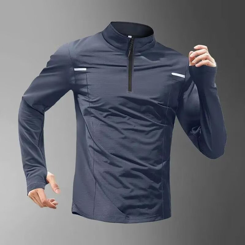 Semi-zipper sports t-shirt men's summer long-sleeved quick-drying thin training stand-up collar fitness outdoor running top ice silk