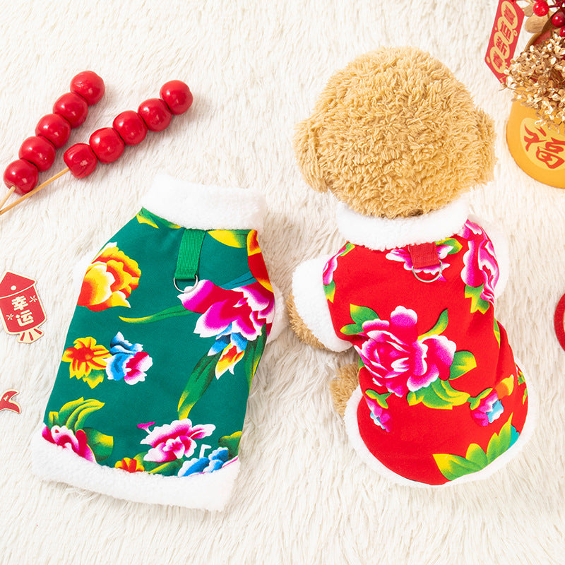Cat Tang suit dog clothes Northeast big flower jacket Teddy Bi Xiong Pomeranian Corgi puppy New Year's festive clothing