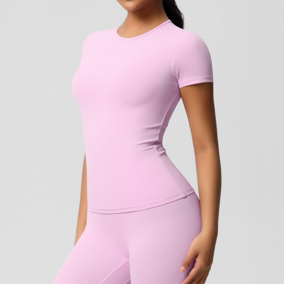 Cross-border European and American yoga pants solid color long-sleeved skin-friendly and breathable back sports short-sleeved slim and thin fitness pants set