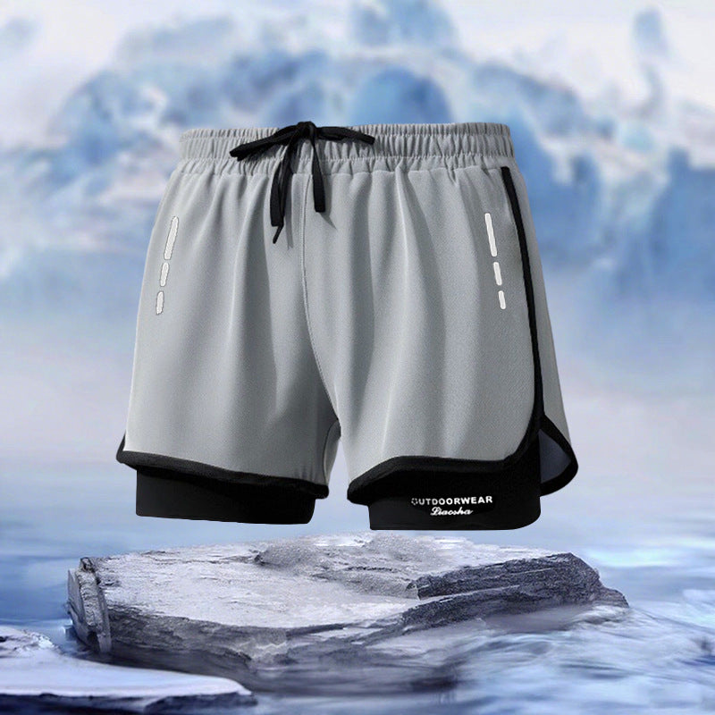 Sports shorts men's loose five-point lined double-layer fake two-piece outdoor swimming running shorts men's autumn wholesale