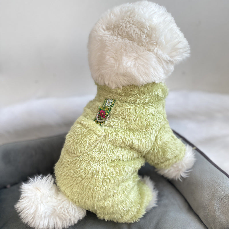 Ultra small dog cat clothes autumn and winter plush four-legged small size puppy teacup dog belt traction thickened warm