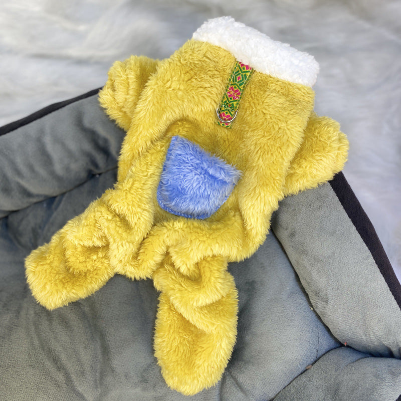 Ultra small dog cat clothes autumn and winter plush four-legged small size puppy teacup dog belt traction thickened warm