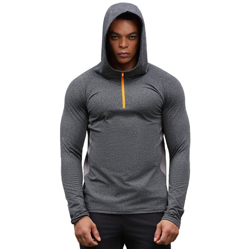 Men's fleece sports sweater autumn and winter hooded semi-zipper gym wear outdoor casual tights windproof sportswear