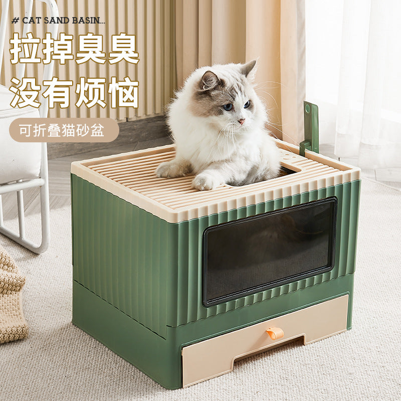 Drawer type foldable cat litter box household semi-closed deodorant cat toilet large cat shit basin potty cat supplies