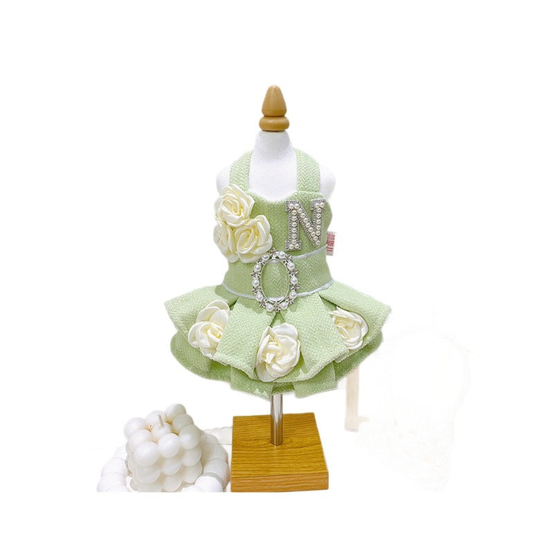 Maltese Yorkshire woolen dress small dog plush princess dress autumn and winter matcha green dress canopy skirt