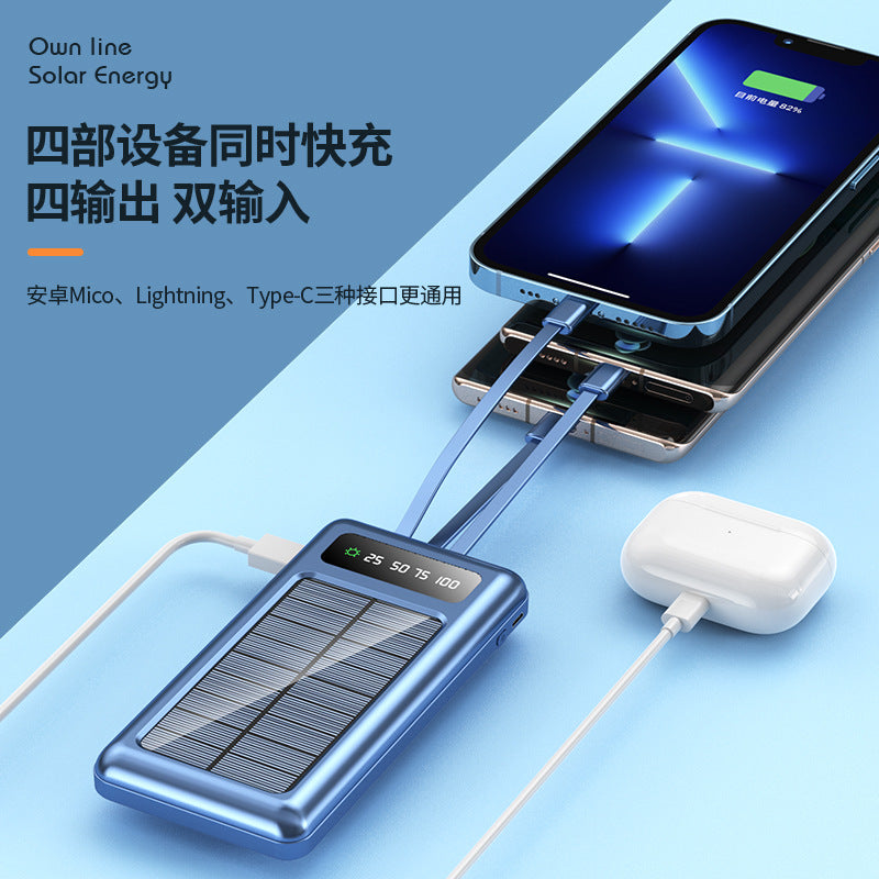 Cross-border, new outdoor solar energy with its own cable, mobile phone universal power bank 20000mAh portable mobile power supply