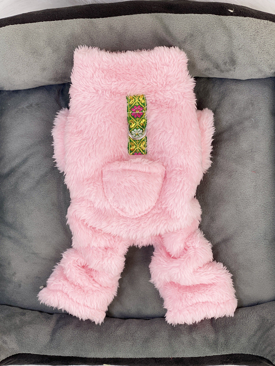 Ultra small dog cat clothes autumn and winter plush four-legged small size puppy teacup dog belt traction thickened warm