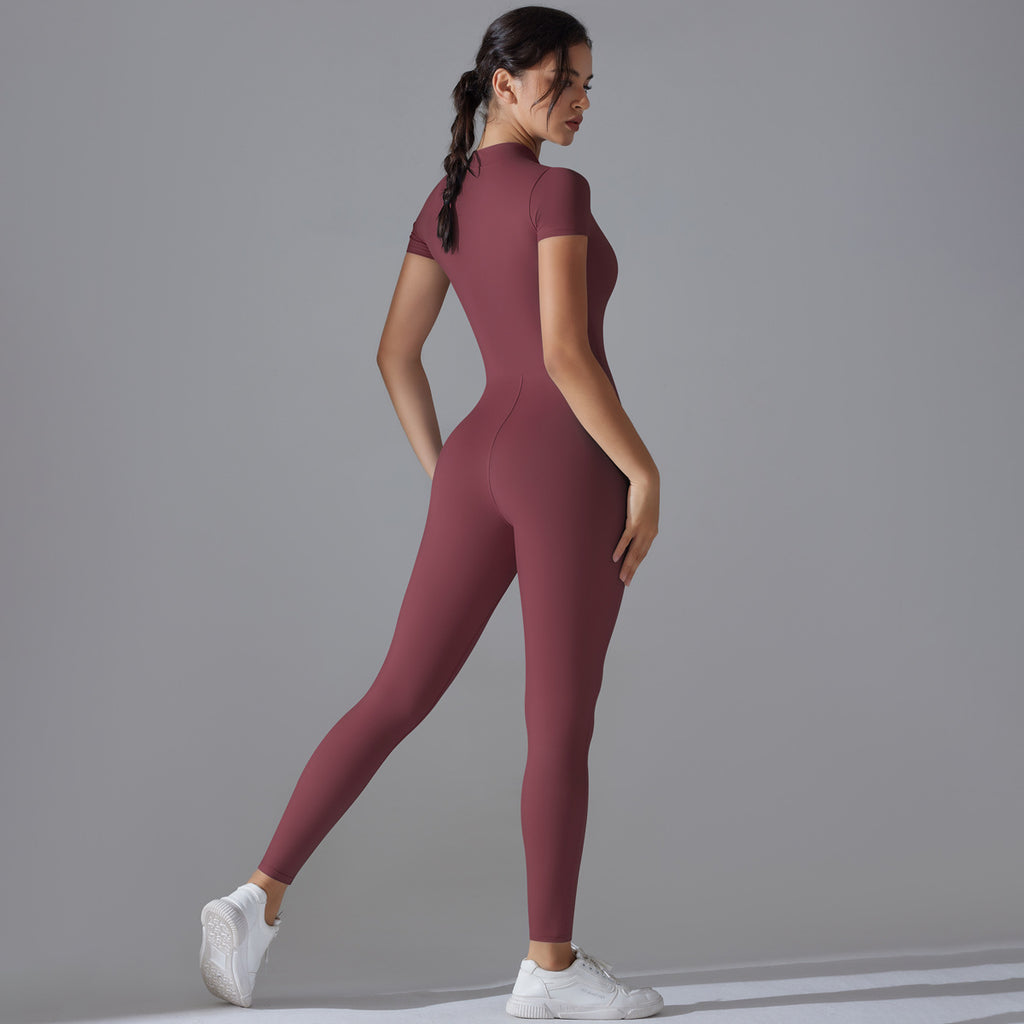 European and American nude zipper short-sleeved yoga clothes onesie quick-drying breathable outdoor sports tight onesie fitness clothes