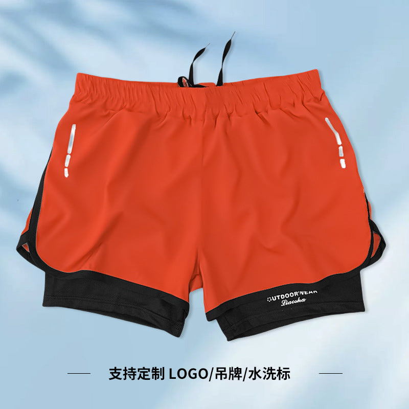 Sports shorts men's loose five-point lined double-layer fake two-piece outdoor swimming running shorts men's autumn wholesale