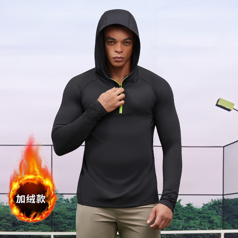 Men's fleece sports sweater autumn and winter hooded semi-zipper gym wear outdoor casual tights windproof sportswear