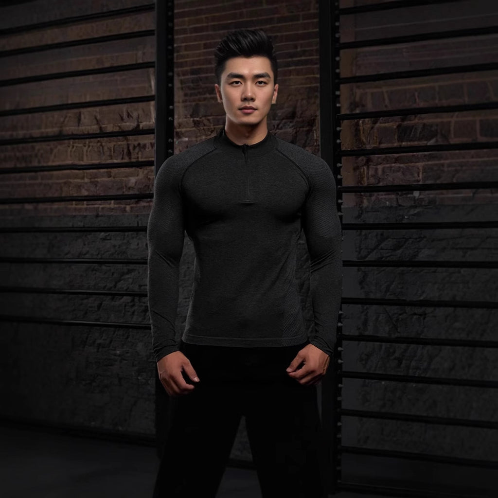 American seamless jacquard zipper long sleeve training fitness outdoor strong top sports quick drying slim fit T-shirt slim fit