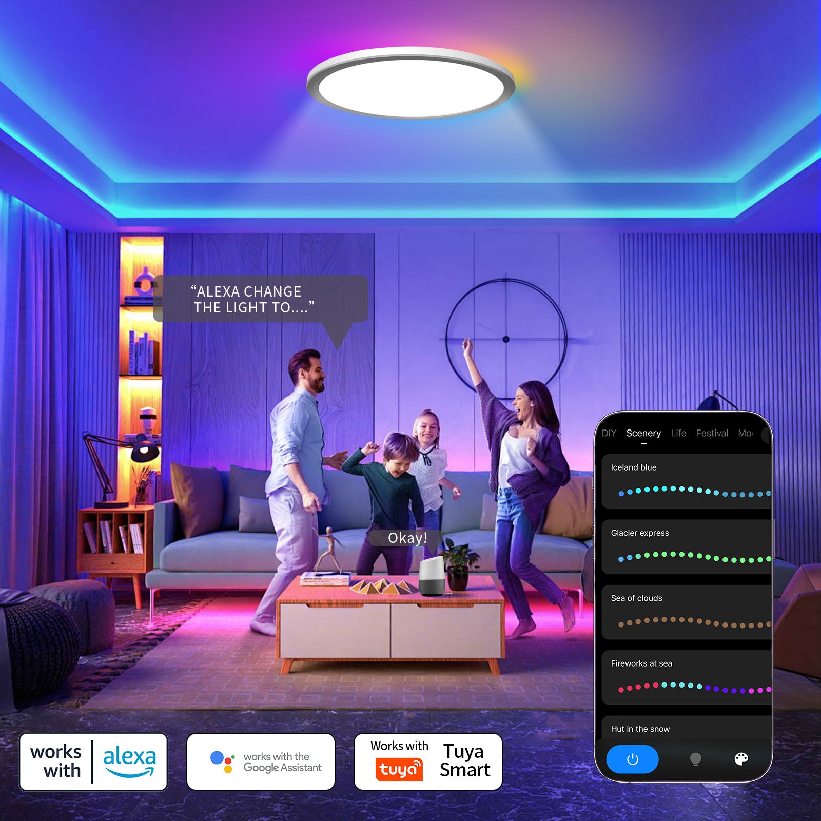 Cross-border intelligent backlight RGBIC colorful horse racing ceiling light ultra-thin adjustable Alexa voice bedroom living room light