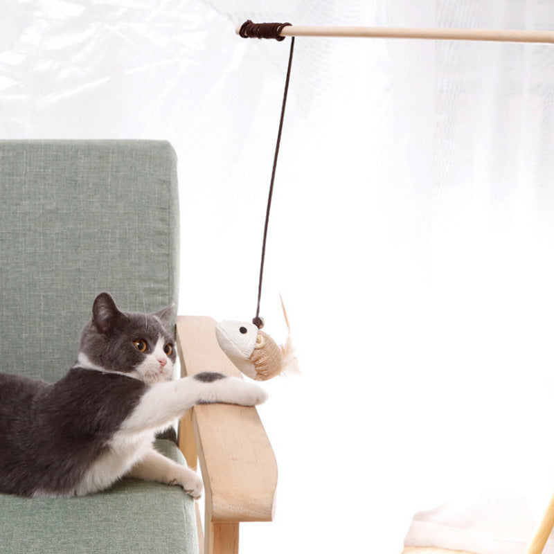Cat toy wooden pole cat teaser stick linen mouse gray white handheld interactive cat teaser handle wooden handle manufacturer spot batch