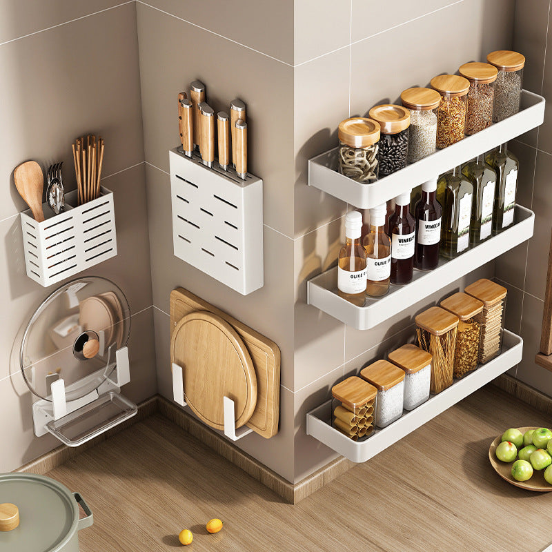 White Kitchen Shelf No Punching Wall Mounted Knife Holder Seasoning Supplies Daquan Household Multifunctional Storage Rack