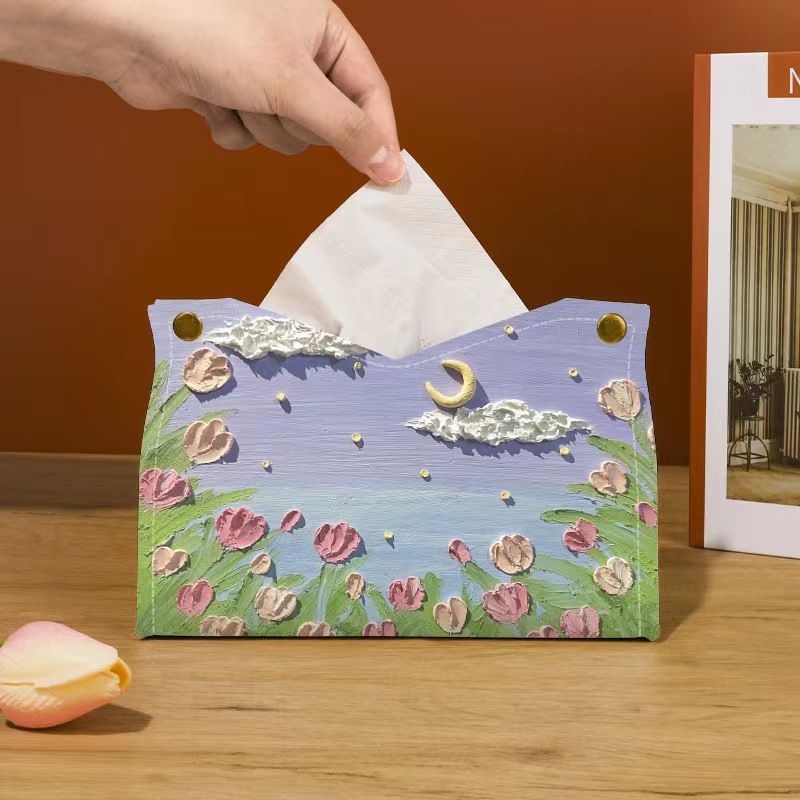 Pumping carton ins high value tulip oil painting tissue box car living room desktop paper pumping storage home decoration