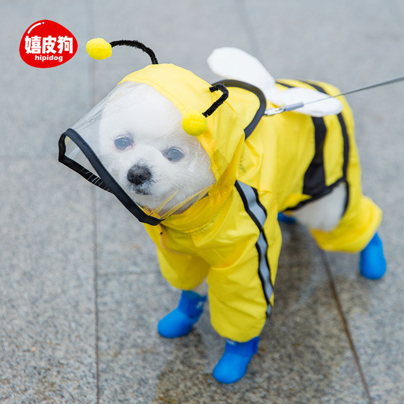 Dog rainy day four-legged waterproof three-dimensional dinosaur bag tail dog teddy poncho medium and large dog golden retriever pet raincoat