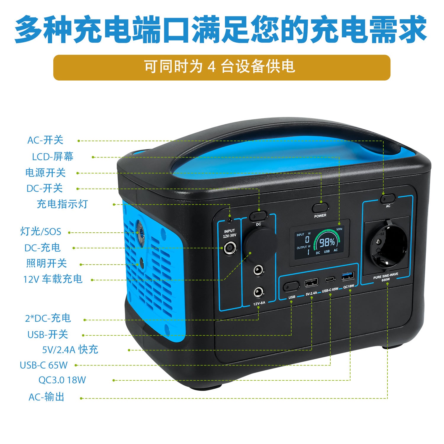 Tuyang 600W Portable Outdoor Mobile Power Supply Customized Camping Self-driving Tour High Power Energy Storage Mobile Power Supply