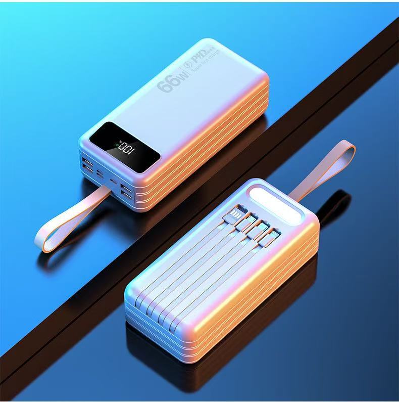 Power bank 66W fast charging with its own cable, large capacity 50000 mAh, outdoor portable mobile phone mobile power supply customization