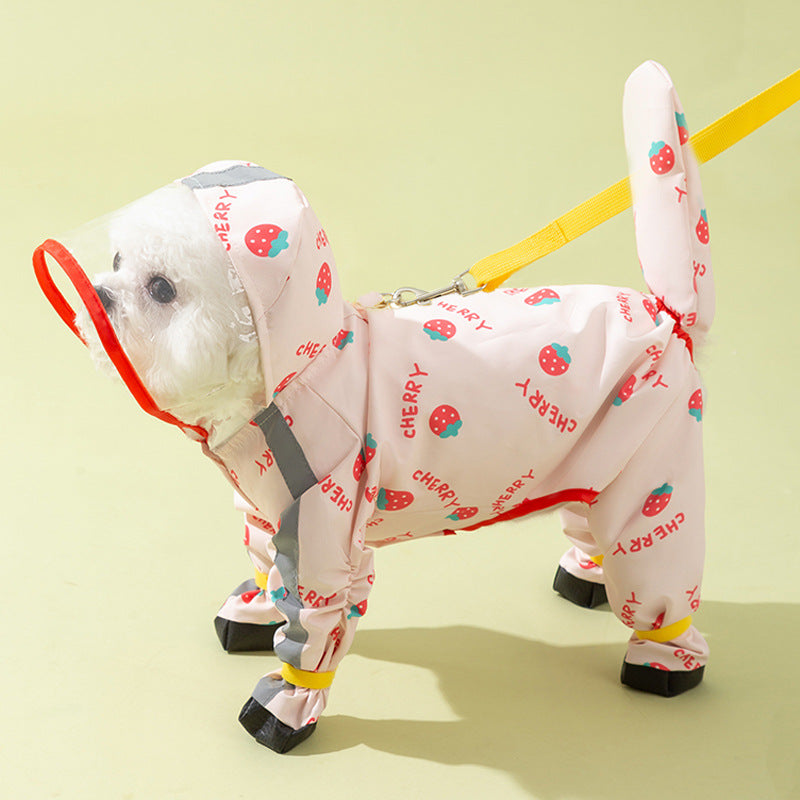 Dog rainy day four-legged waterproof three-dimensional dinosaur bag tail dog teddy poncho medium and large dog golden retriever pet raincoat