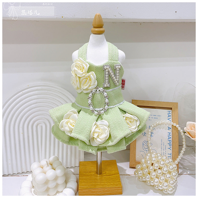 Maltese Yorkshire woolen dress small dog plush princess dress autumn and winter matcha green dress canopy skirt