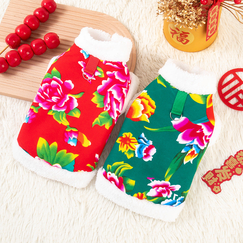 Cat Tang suit dog clothes Northeast big flower jacket Teddy Bi Xiong Pomeranian Corgi puppy New Year's festive clothing