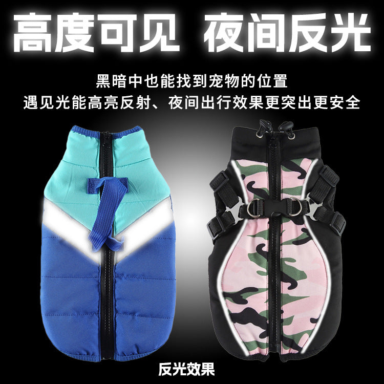 Cross-border popular pet autumn and winter clothes windproof and cold-proof puppy jacket integrated chest and back can pull dog cotton-padded clothes