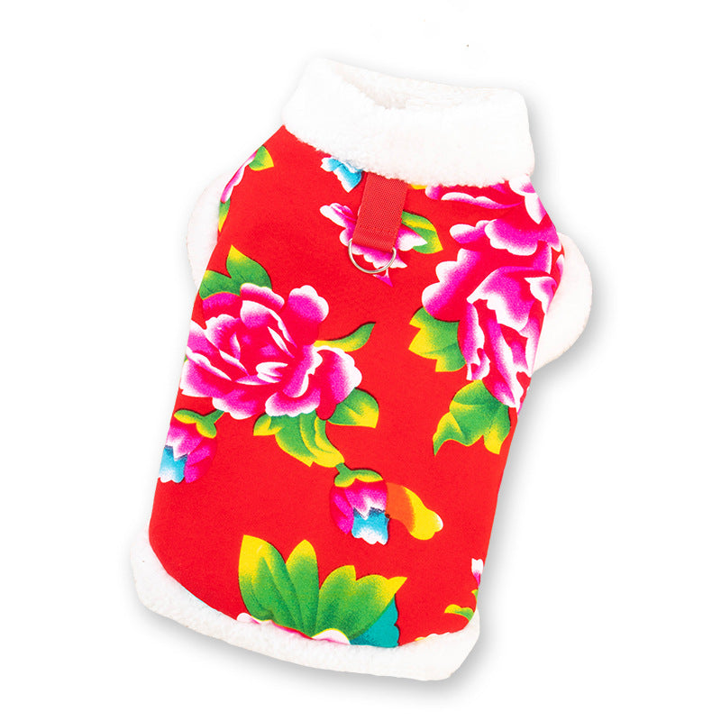 Cat Tang suit dog clothes Northeast big flower jacket Teddy Bi Xiong Pomeranian Corgi puppy New Year's festive clothing