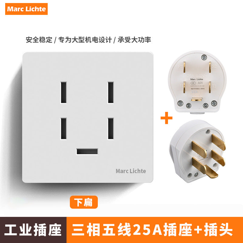 380V three-phase five-wire five-hole industrial plug 16A/25A wall socket 5-core air conditioner high-power 86 type 440v