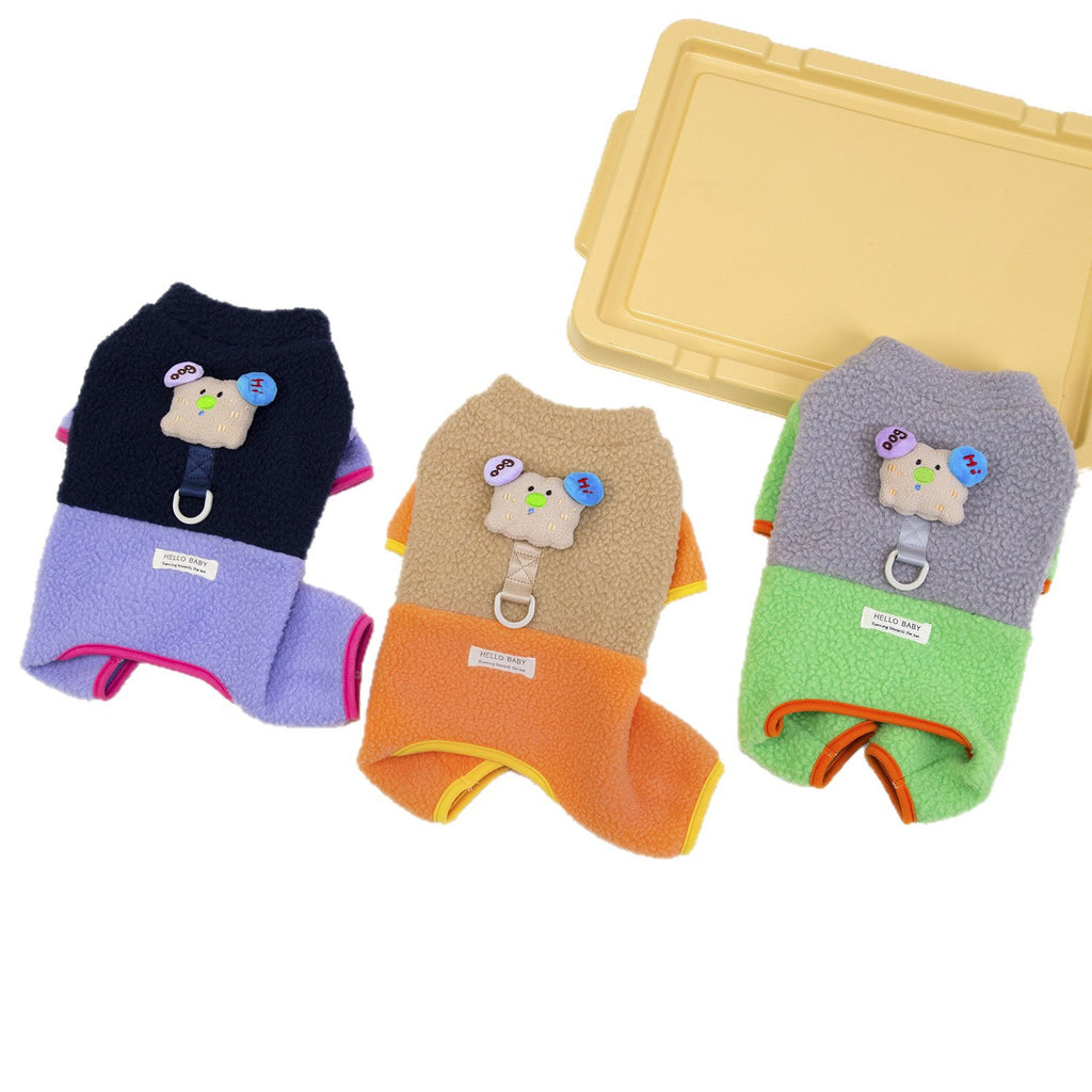 Cute dog clothes autumn and winter new fleece thickened lamb fleece cartoon puppy clothing warm contrasting four-legged clothes
