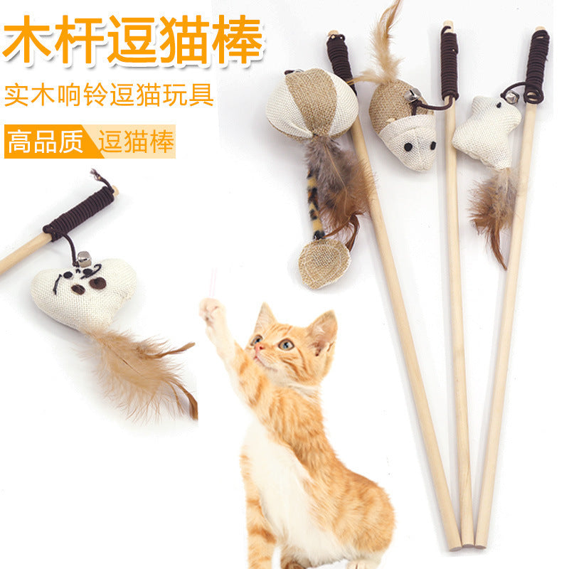 Cat toy wooden pole cat teaser stick linen mouse gray white handheld interactive cat teaser handle wooden handle manufacturer spot batch