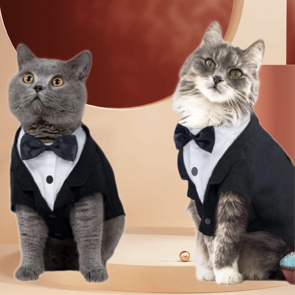 Pet cat fashion tuxedo suit holiday kitten shirt clothes wedding dress with bow tie cat dress